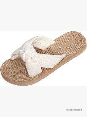 Straw Bow Sandals - Slip On Flat Slide Beach Casual